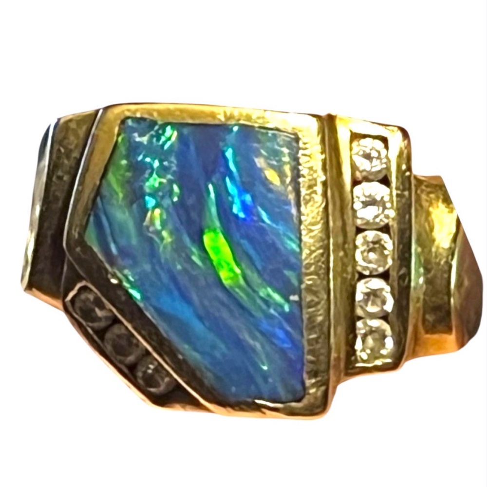 14K Black Blue Opal Solid Yellow Gold Diamond Ring Size 7.5